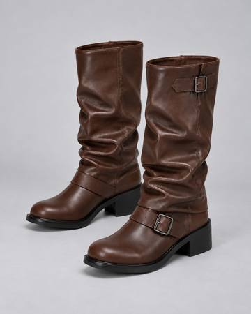 Women’s Knee-High Boots – Biker Buckles & Block Heel