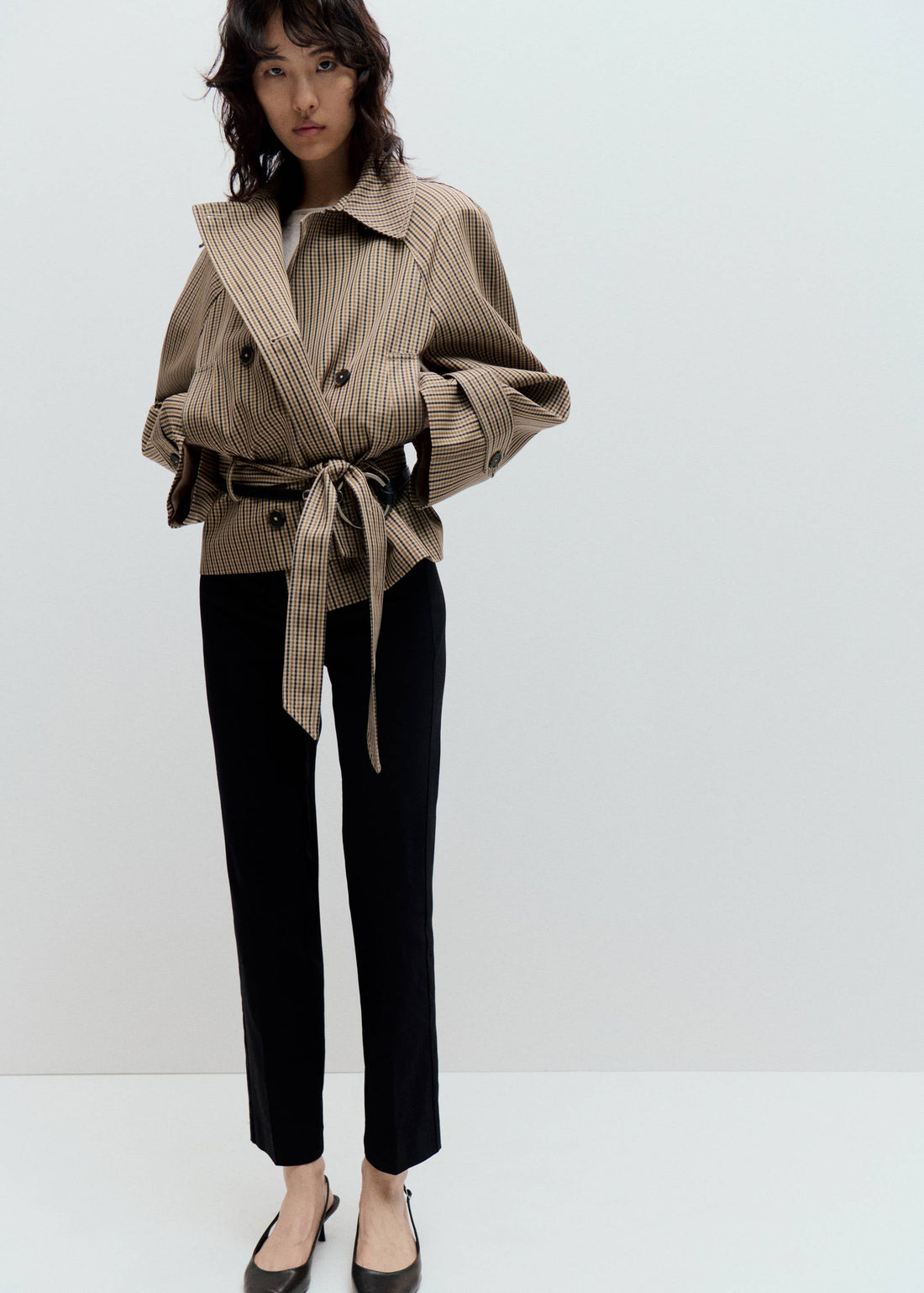Cropped Checked Belted Trench Coat