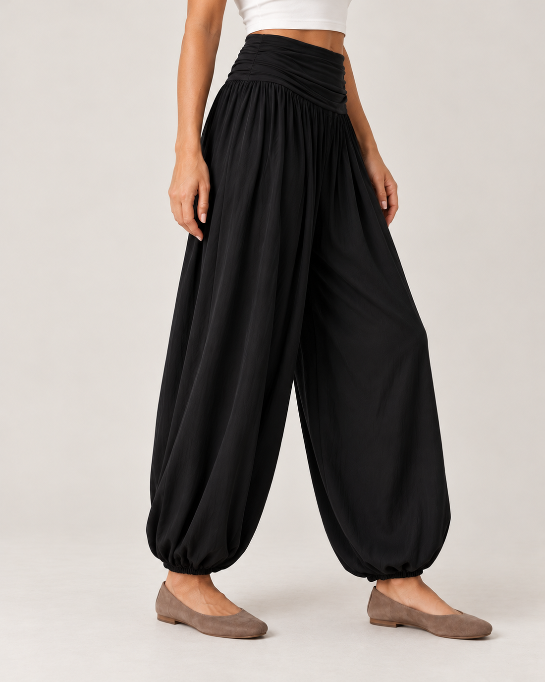 Women’s High Waisted Balloon Trousers with Draped Waistband