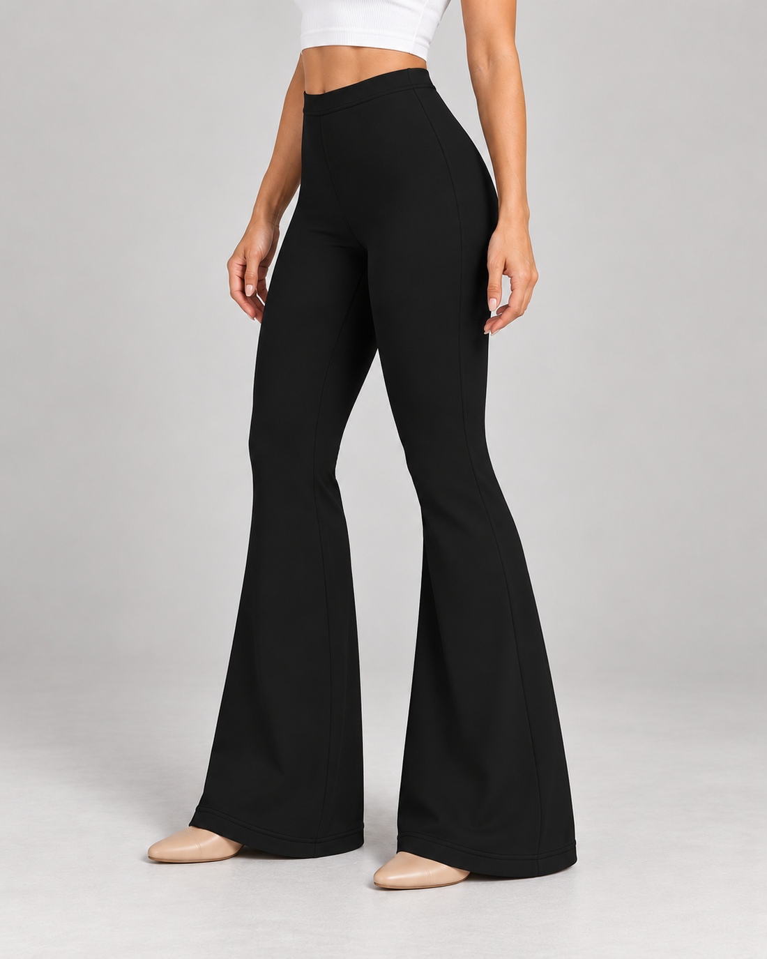 Ladies Black Trousers – High Waisted Flared Leg with Stretch