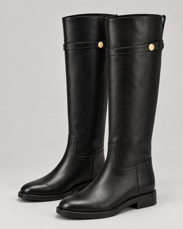 Women's Black Leather Knee-High Boots – Low Block Heel