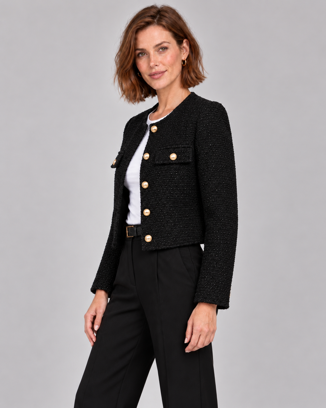 Women’s Cropped Tweed Jacket – Gold Button Blazer