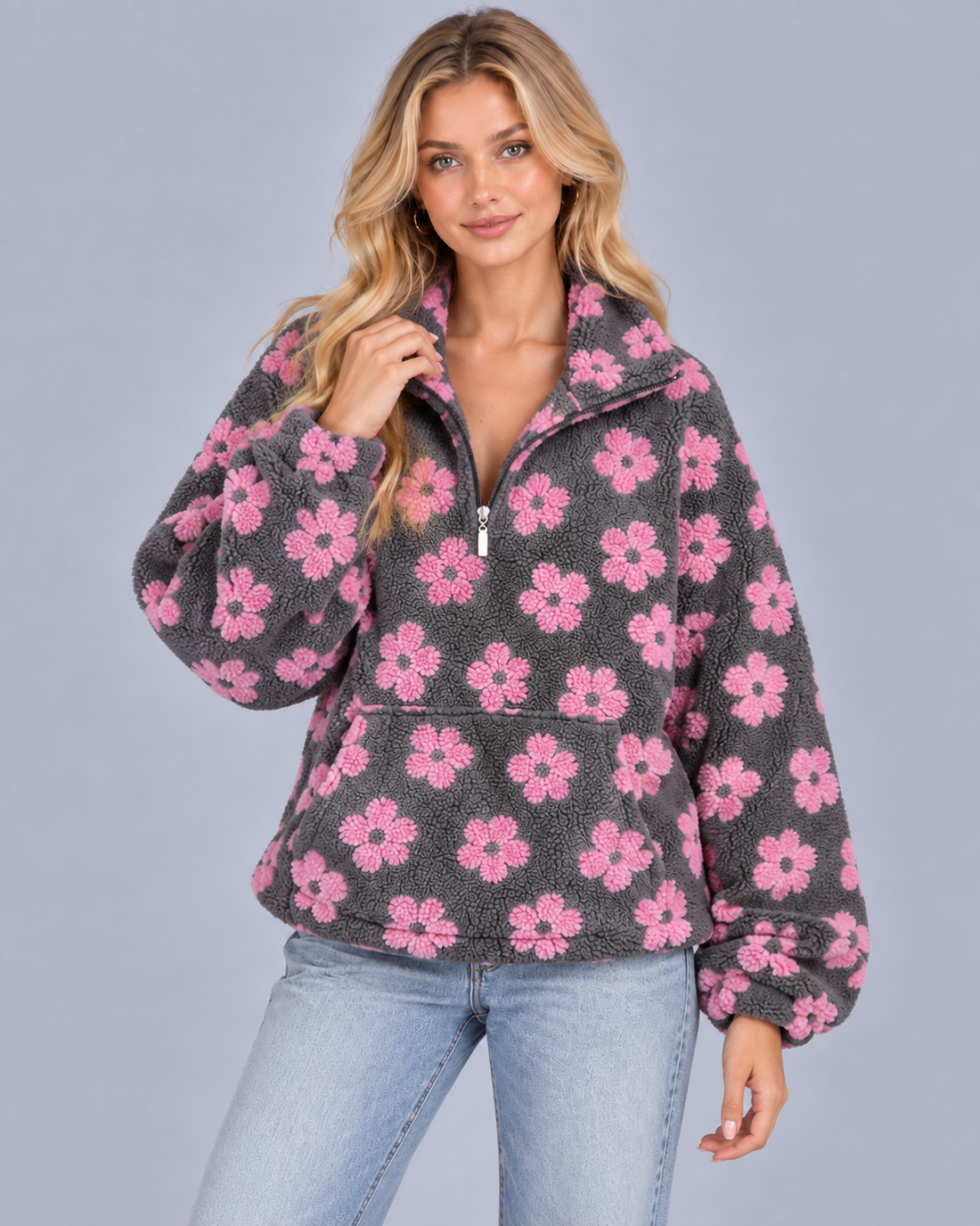 Women's Sherpa Fleece Oversized Sweater | Cozy Floral Bohemian Pullover