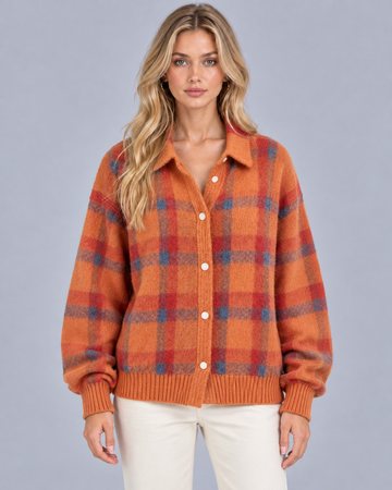 Women's Soft Knit Checkered Cardigan | Relaxed Fit Retro Layering Sweater