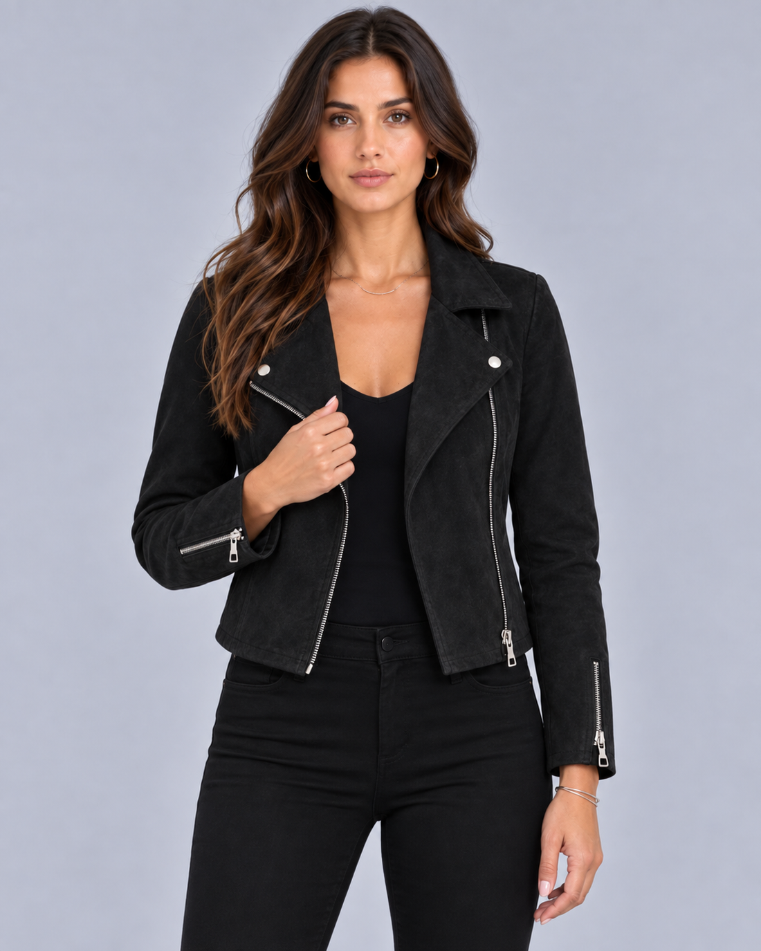 Women's Cropped Biker Jacket with Suede Look and Asymmetric Zip Front