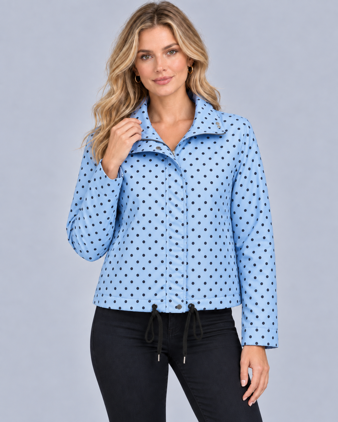 Women's Polka Dot Bomber Jacket with Stand Collar | Drawstring Hem