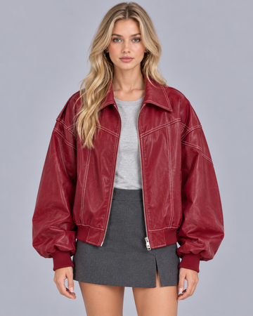 Women's Contrast Stitch Bomber Jacket with Oversized Fit