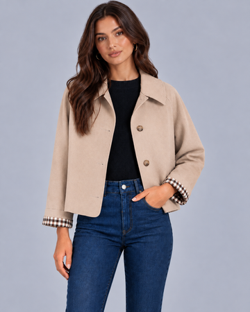 Women's Cropped Trench Jacket with Plaid Lining