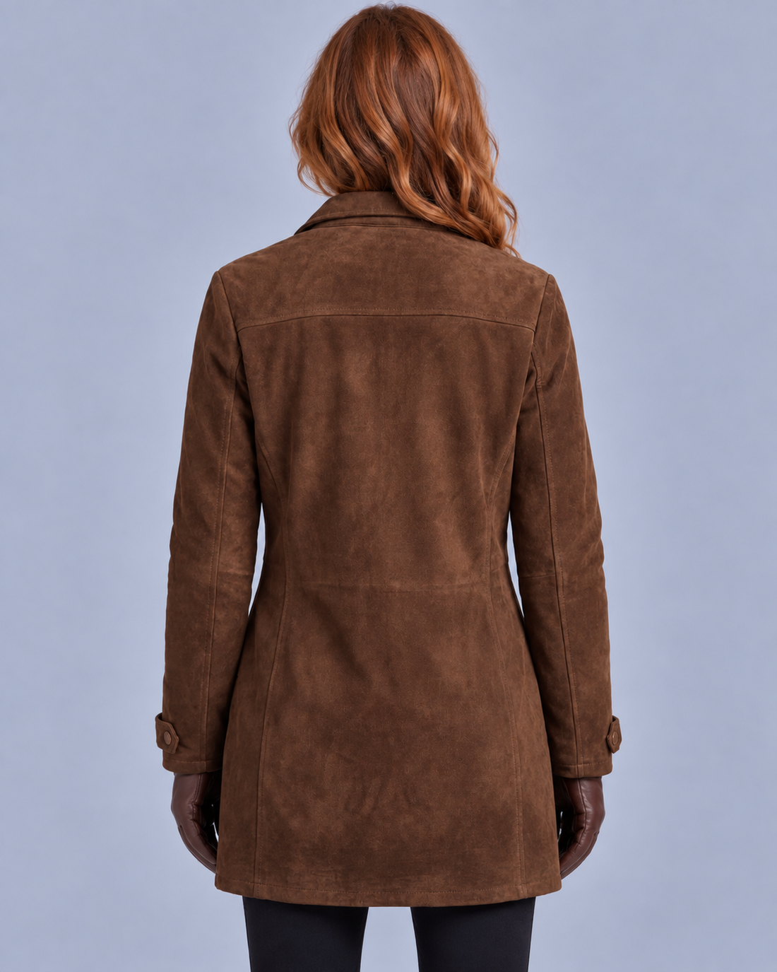 Women's Suede Finish Long Jacket with Zip Front and Flap Pockets