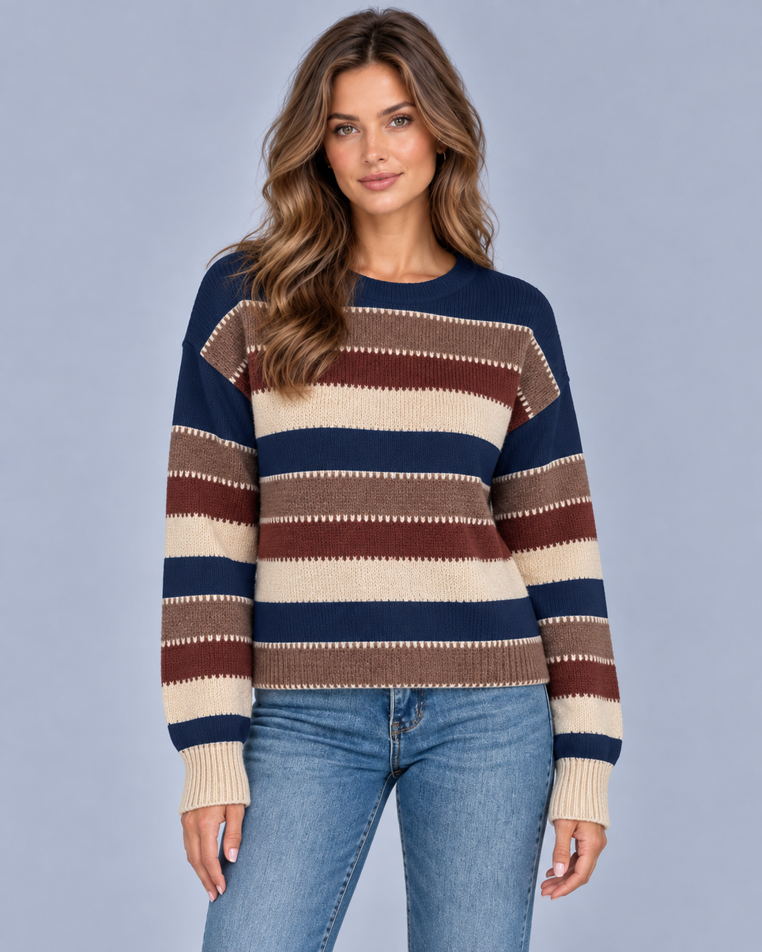Women's Vintage Striped Crew Neck Jumper | Long Sleeve Knitted Pullover with Loose Fit
