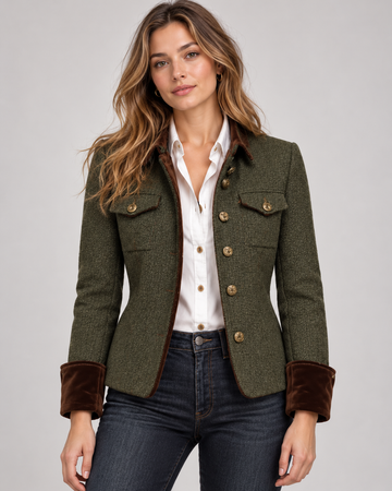 Women's Herringbone Tweed Jacket with Gold Buttons