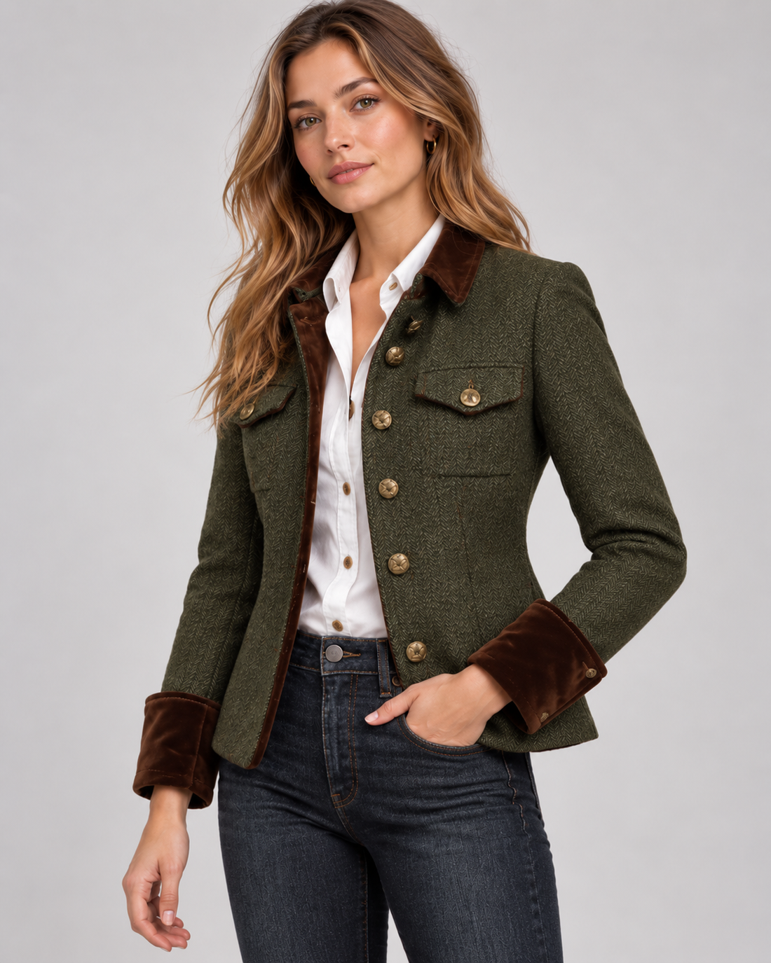 Women's Herringbone Tweed Jacket with Gold Buttons