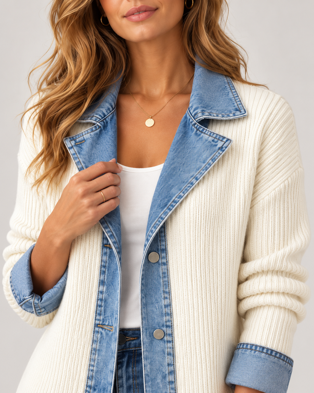 Women's Denim Trim Longline Jacket – Contrast Button Front