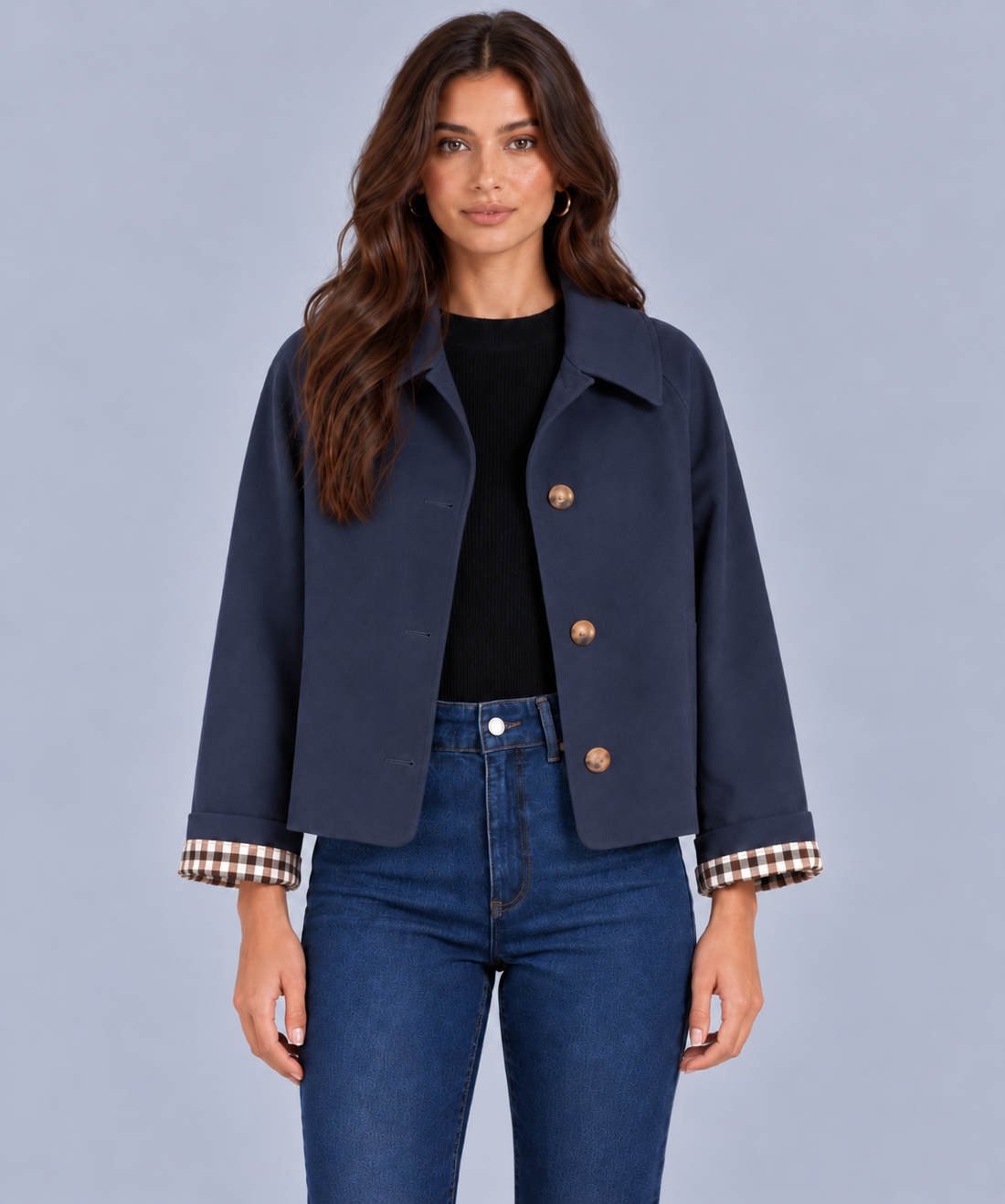 Women's Cropped Trench Jacket with Plaid Lining