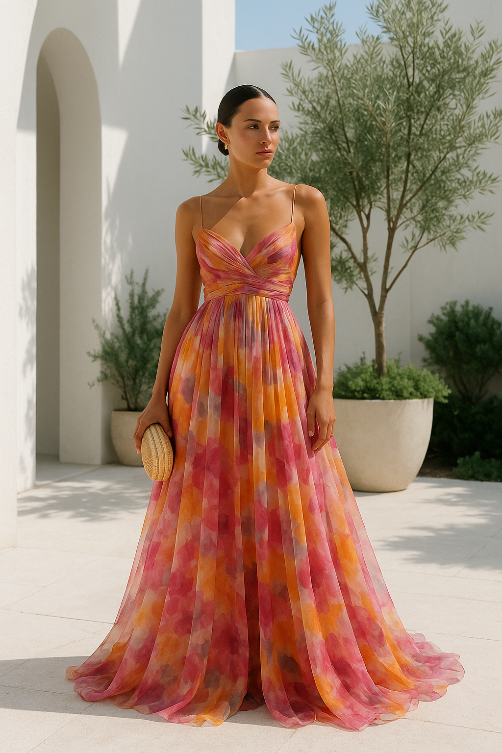 Women's Maxi dress multicolor with thin straps flowy V-neckline