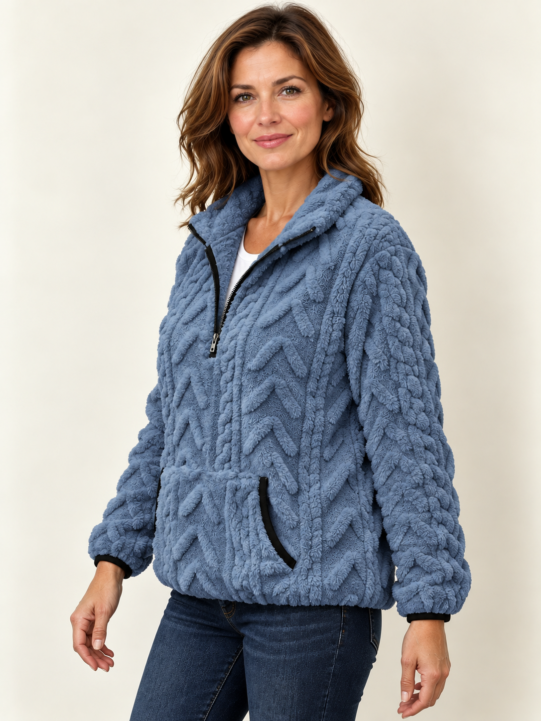 Women’s Half-Zip Fleece Jumper – Textured & Kangaroo Pocket