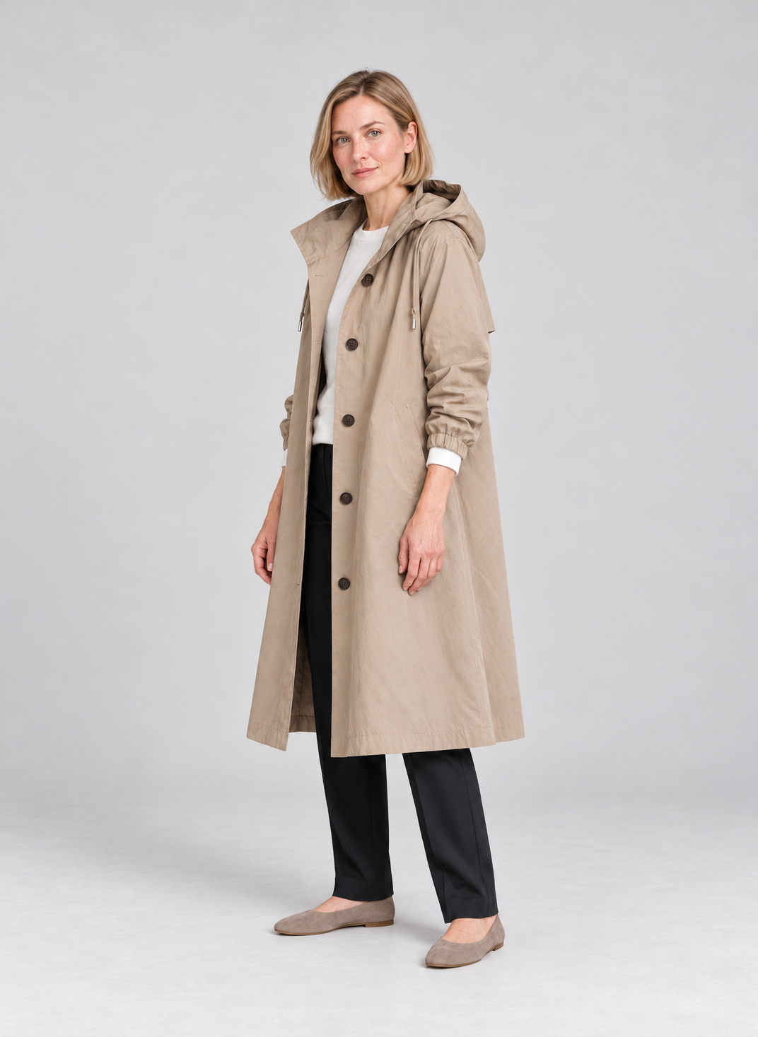 Waterproof Coat for Ladies – Long Hooded Raincoat with Button Front and Pockets