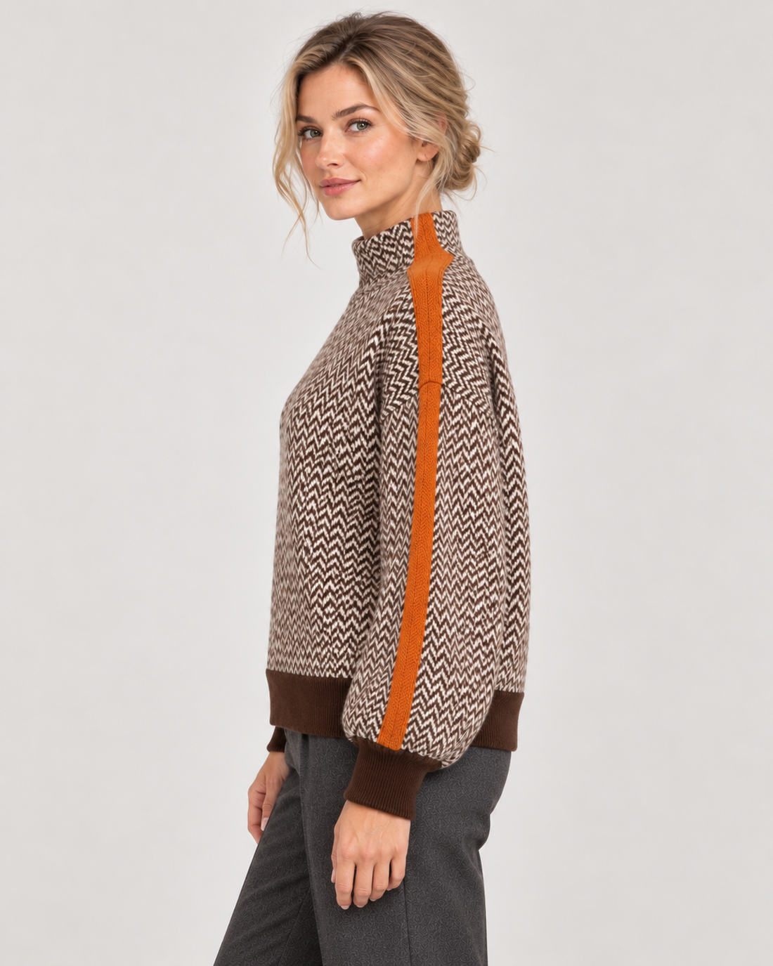 Women’s Roll-Neck Jumper – Herringbone Knit & Contrast Sleeve Stripes