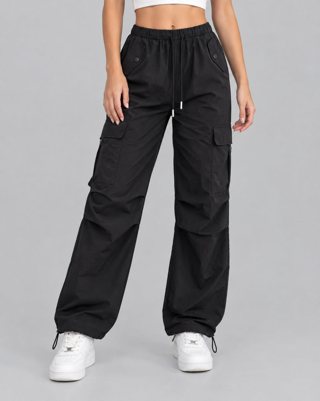 Women Cotton Cargo Parachute Pants With Drawstring Waist