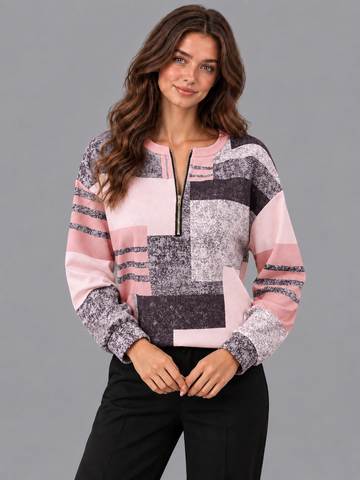 Women's Half Zip Jumper - Geometric Print Relaxed Long Sleeve