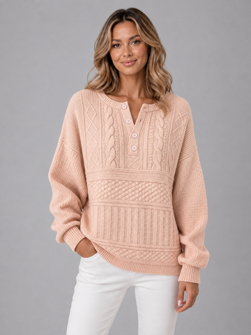Women's Knitted Jumper - Ombre Henley Neck Relaxed Long Sleeve