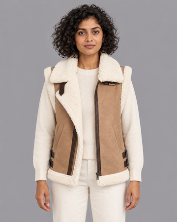 Women's Gilet - Faux Leather Aviator Teddy Lined Collar Zip Front