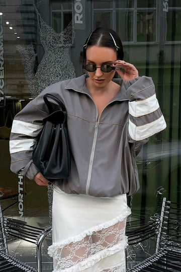 Color Blocking Loose Designer Mandarin Collar Coat