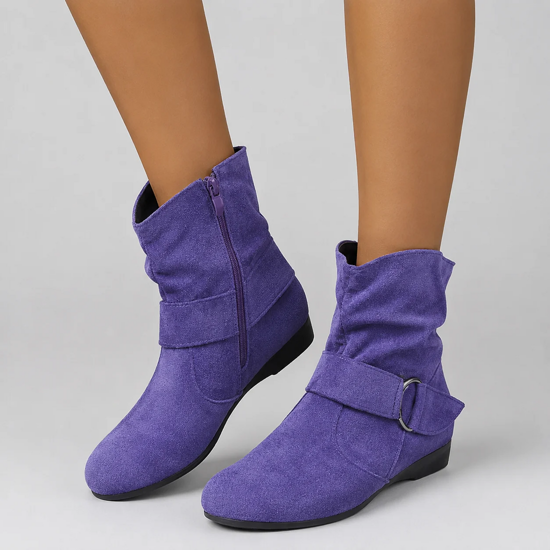 Women's Slouch Ankle Boots – Buckle Detail Low Heel