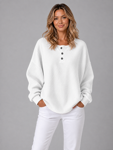 Women's Knitted Jumper - Waffle Knit Henley Neck Relaxed Fit