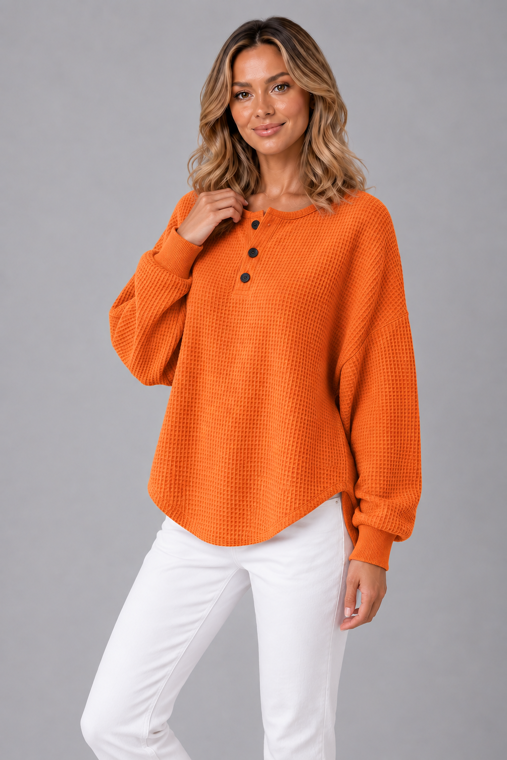 Women's Knitted Jumper - Waffle Knit Henley Neck Relaxed Fit