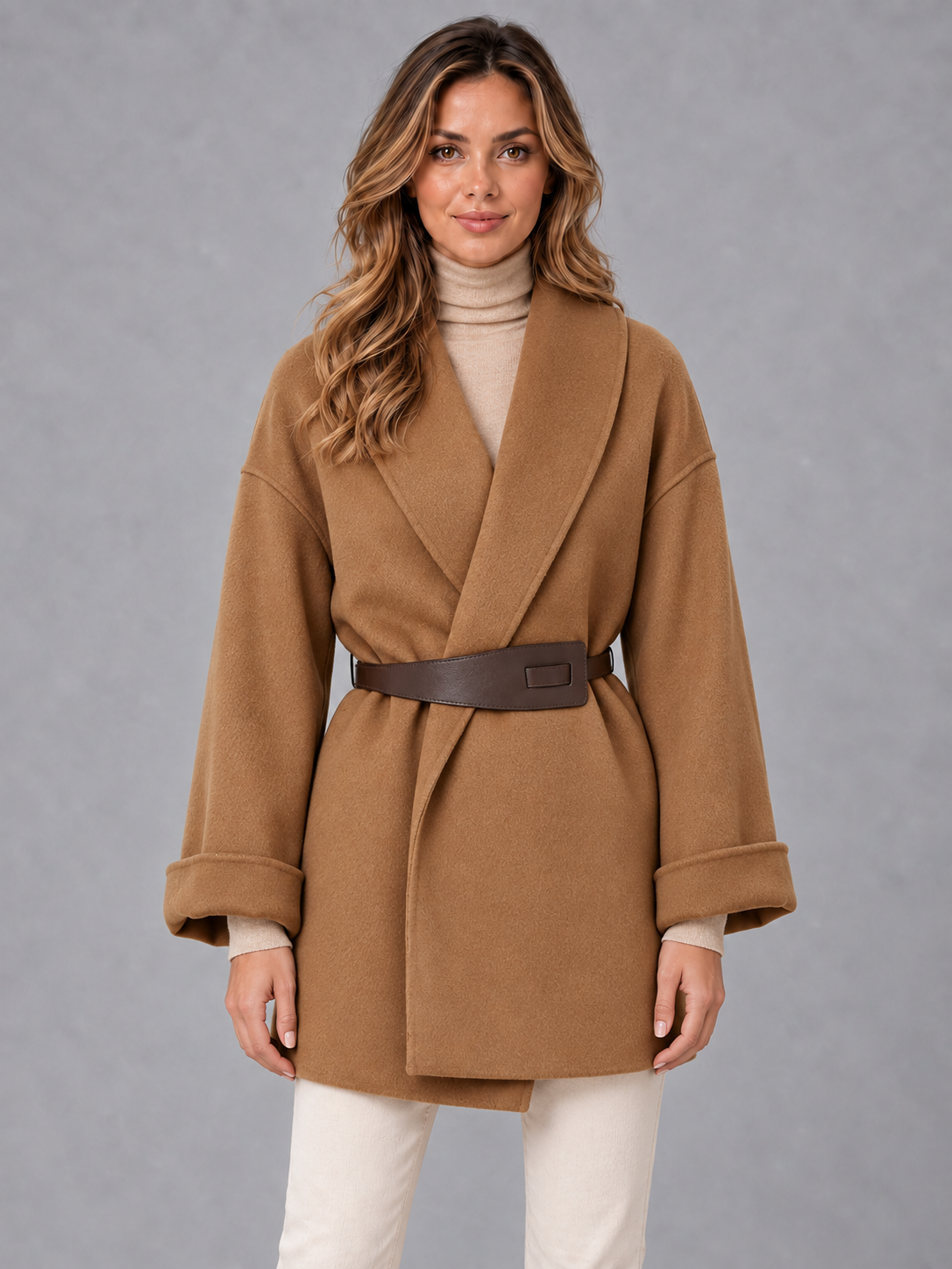 Women's Wrap Winter Coat - Belted Wide Lapel Tailored Fit